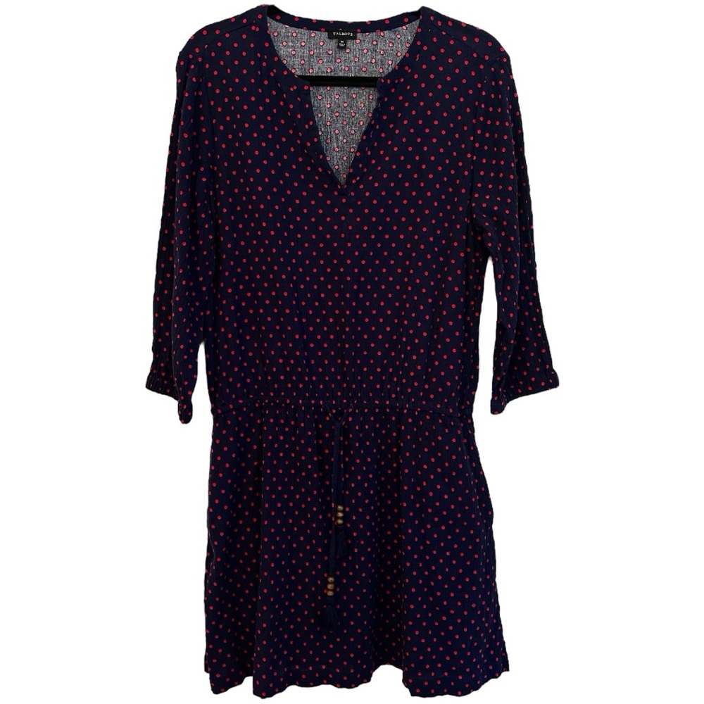 Talbots Women’s Navy Blue Polka Dot 3/4 Sleeve Drop Waist Dress Sz M
